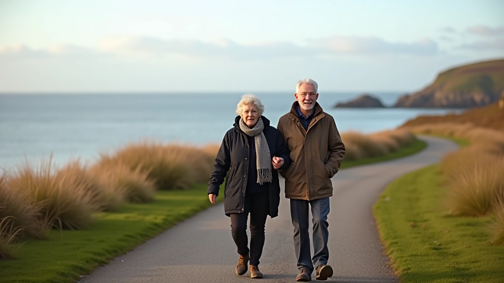 Group of seniors walking along coastal path