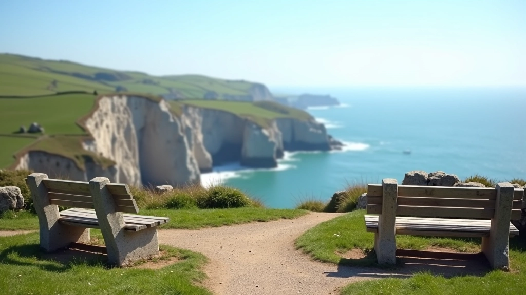Scenic coastal viewpoint with benches and seating areas overlooking Howth cliffs and sea