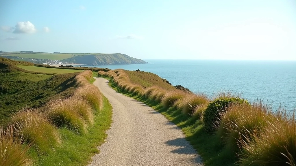 Gentle downward sloping coastal path with sea view, grassy embankments, walking figure in distance, bright sunny afternoon light