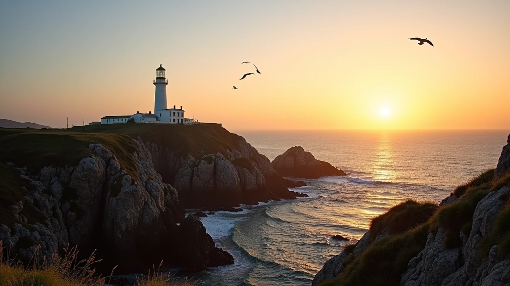 Scenic view of Howth lighthouse and harbour wall overlooking Dublin Bay with coastal cliffs