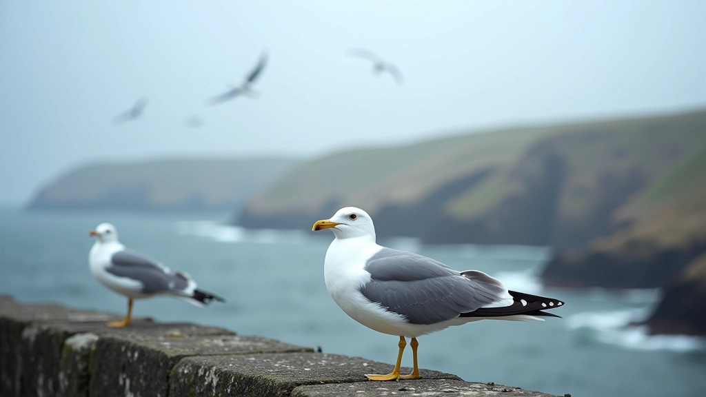 Coastal birds flying over Howth pier with seabirds on water