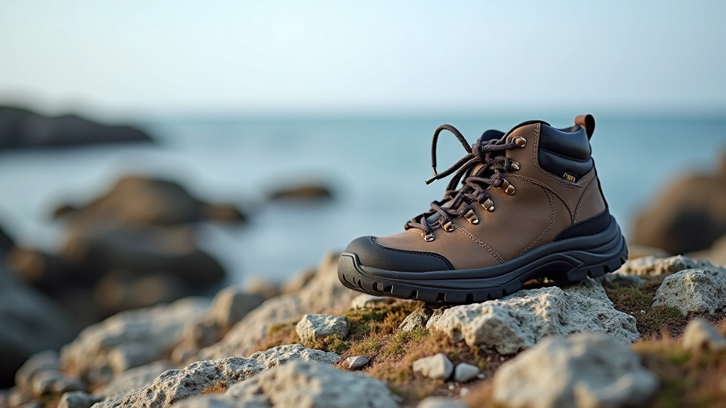 Hiking boot stepping on rocky coastal path, outdoor gear and accessories visible nearby