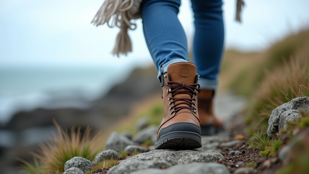 Close-up of worn hiking boot on rocky coastal path with sea view