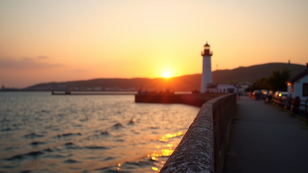 Golden hour light over Howth Harbour at sunset, calm evening atmosphere with clear sky