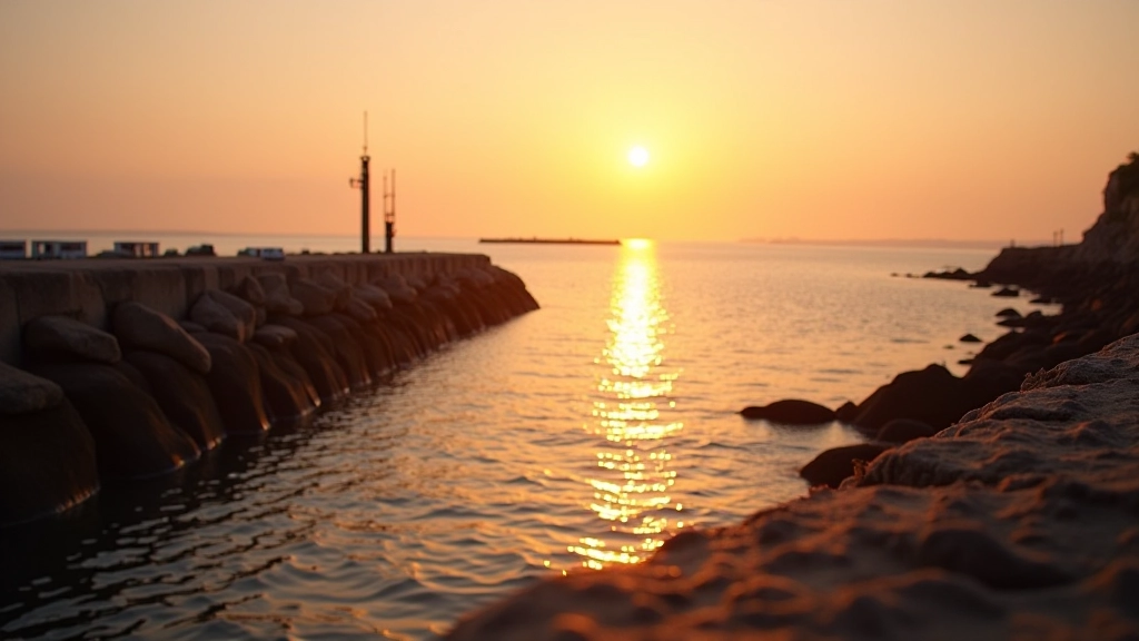 Early morning light on Howth pier with calm water and rocky coastline