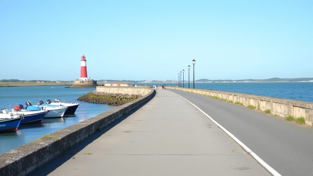 Wide harbour promenade at Howth pier with fishing boats moored and lighthouse visible in the distance across calm water