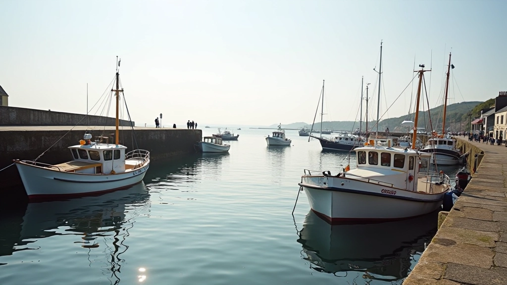 Panoramic view of Howth Harbour with colourful fishing boats and calm water, Dublin coastline in background