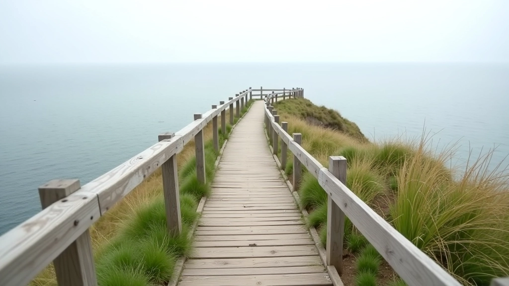Steep coastal path climbing upward through green grass with wooden handrails and sea views opening up below, overcast sky